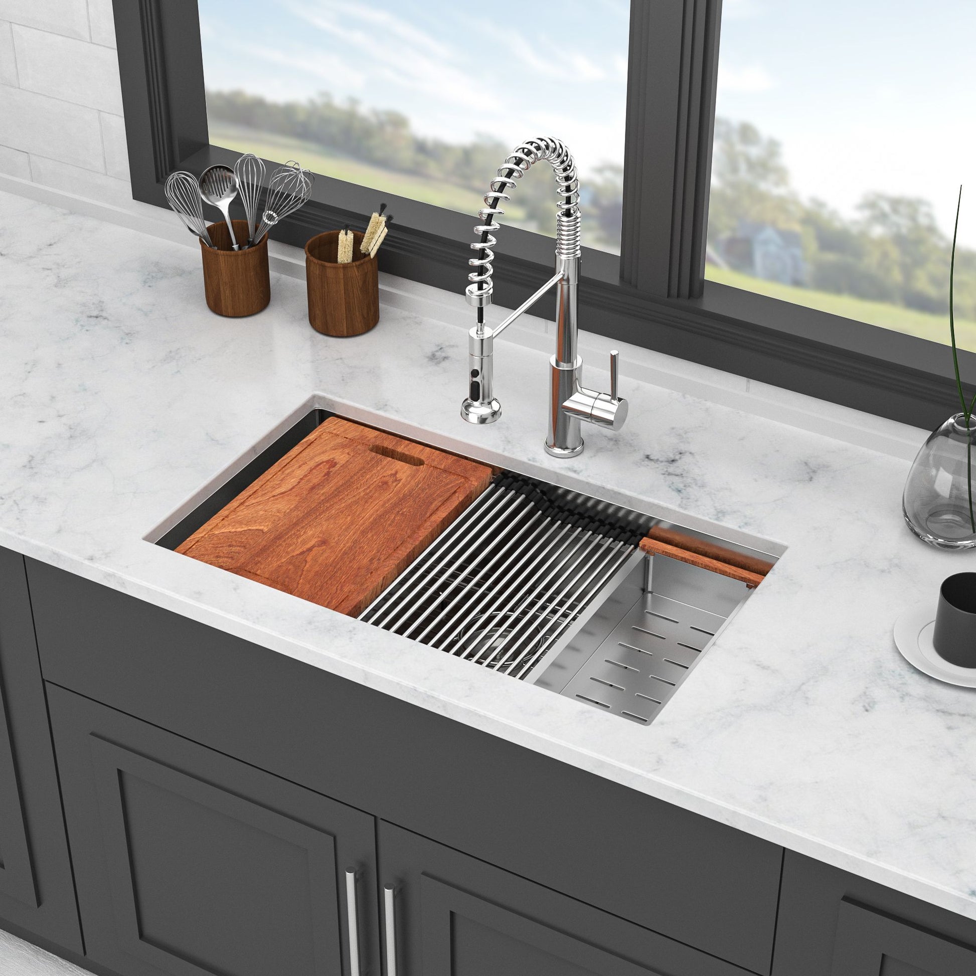 33-inch Undermount Single Bowl Stainless Steel Workstation Kitchen Sink Built-in Z-shape Ledge image 2