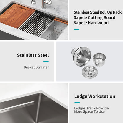 33-inch Undermount Single Bowl Stainless Steel Workstation Kitchen Sink Built-in Z-shape Ledge image 4