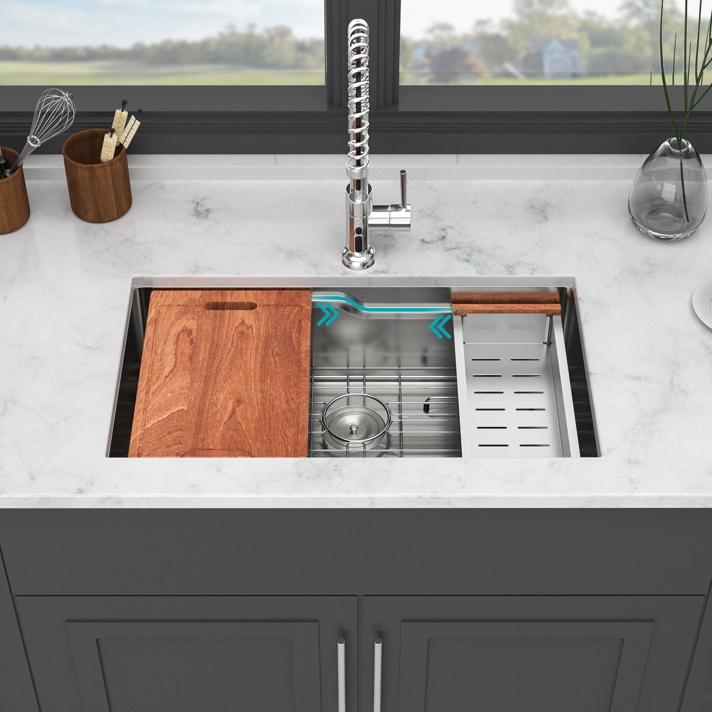 33-inch Undermount Single Bowl Stainless Steel Workstation Kitchen Sink Built-in Z-shape Ledge image 1