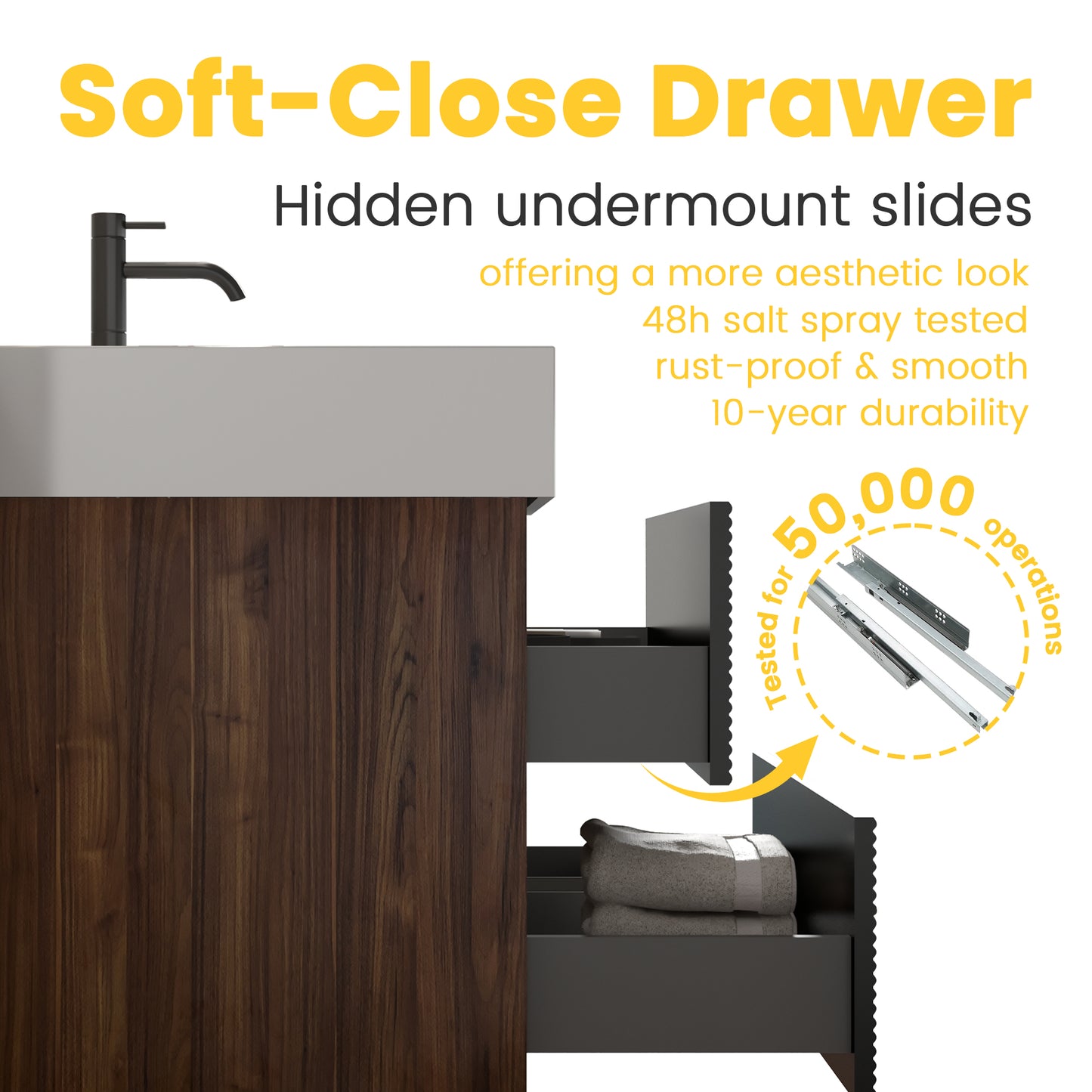Grace 72''(36Inch*2) Bathroom Vanity with Matt Black Engineered Quartz Sink and Soft Black Drawers, Wall Mounted Floating Bathroom Vanity, One-Piece Glossy White Basin, KD image 6
