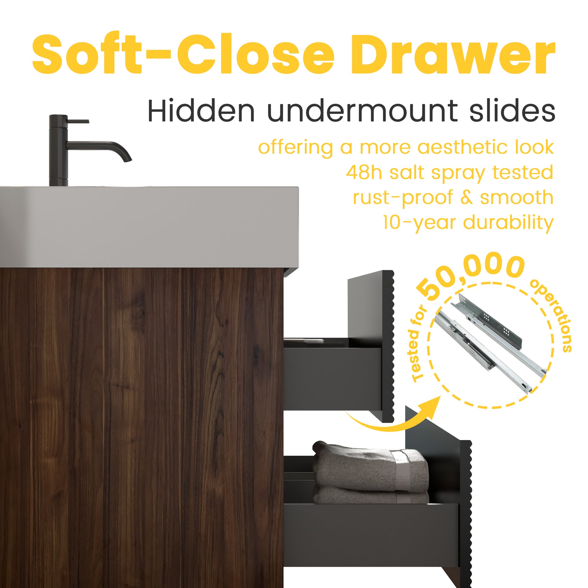 Grace 72''(36Inch*2) Bathroom Vanity with Matt Black Engineered Quartz Sink and Soft Black Drawers, Wall Mounted Floating Bathroom Vanity, One-Piece Glossy White Basin, KD image 6