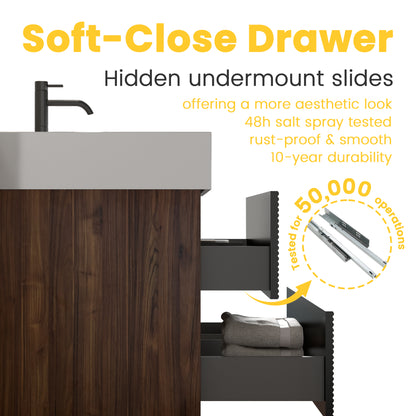 Grace 72''(36Inch*2) Bathroom Vanity with Matt Black Engineered Quartz Sink and Soft Black Drawers, Wall Mounted Floating Bathroom Vanity, One-Piece Glossy White Basin, KD image 6