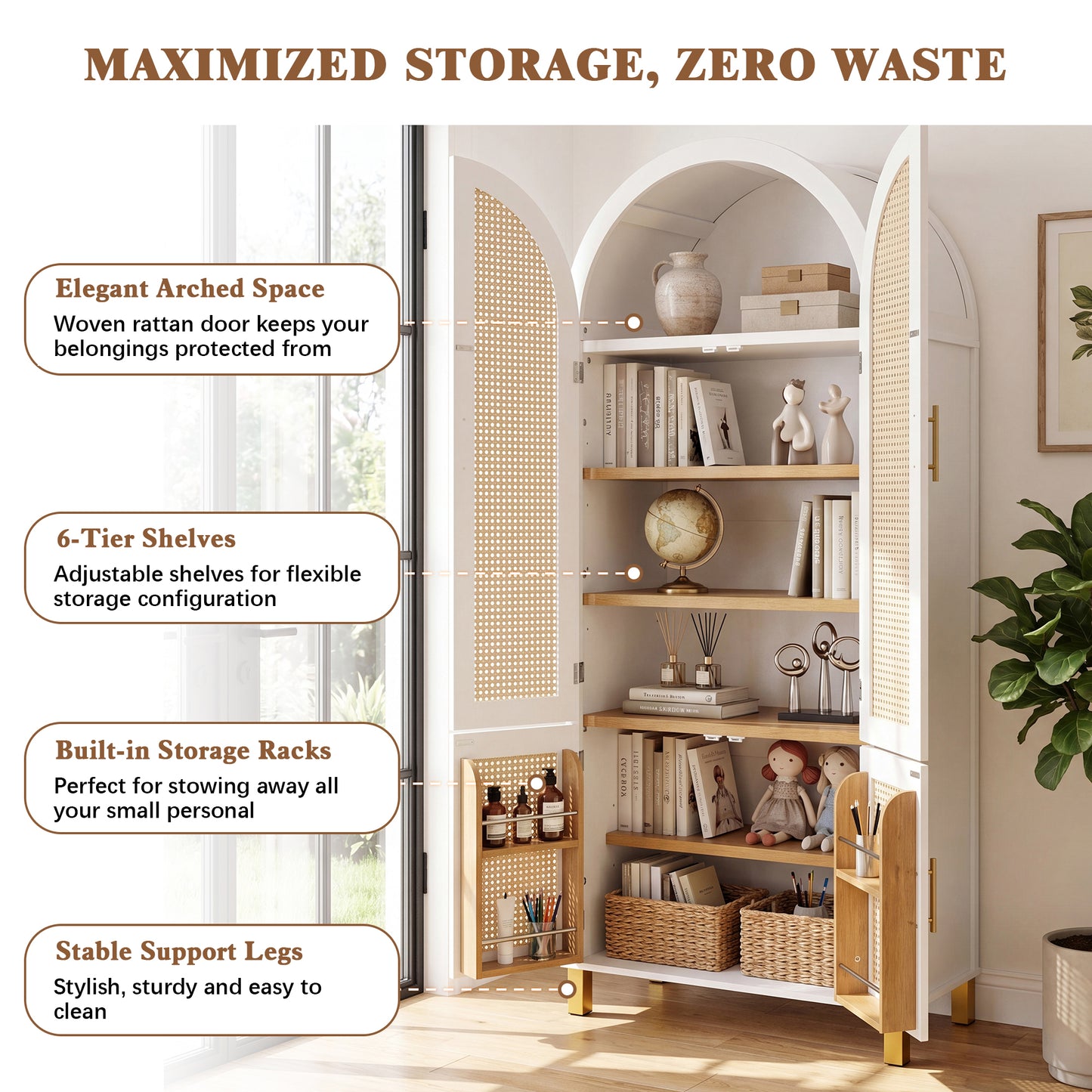 71" Tall Arched Cabinet with Rattan Doors & Adjustable Shelves,4 Doors Modern Farmhouse Storage Cabinet with Built-in Racks for Kitchen, Dining Room, Study, White image 6