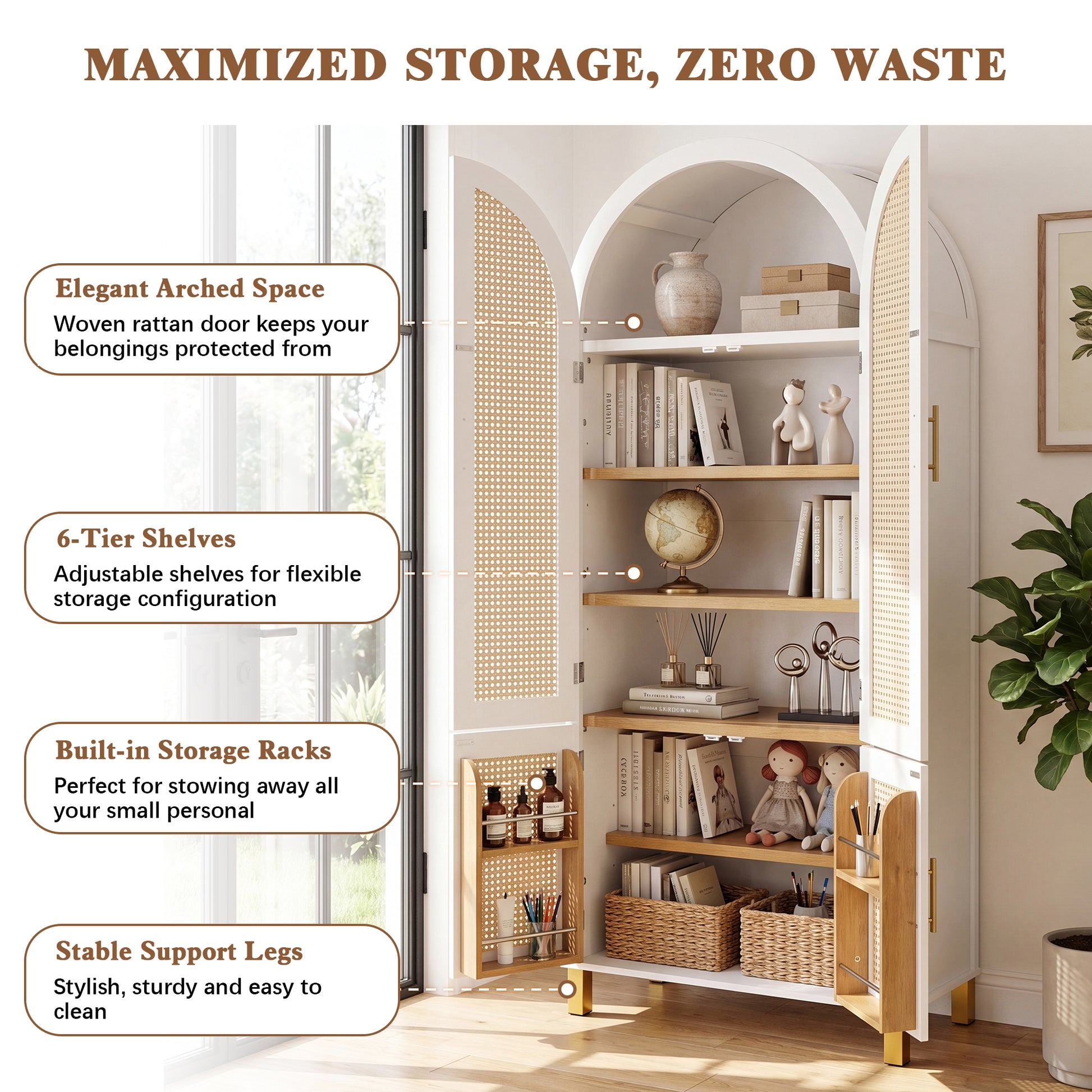 71" Tall Arched Cabinet with Rattan Doors & Adjustable Shelves,4 Doors Modern Farmhouse Storage Cabinet with Built-in Racks for Kitchen, Dining Room, Study, White image 6
