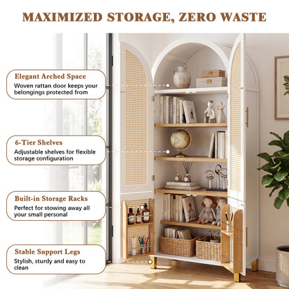 71" Tall Arched Cabinet with Rattan Doors & Adjustable Shelves,4 Doors Modern Farmhouse Storage Cabinet with Built-in Racks for Kitchen, Dining Room, Study, White image 6