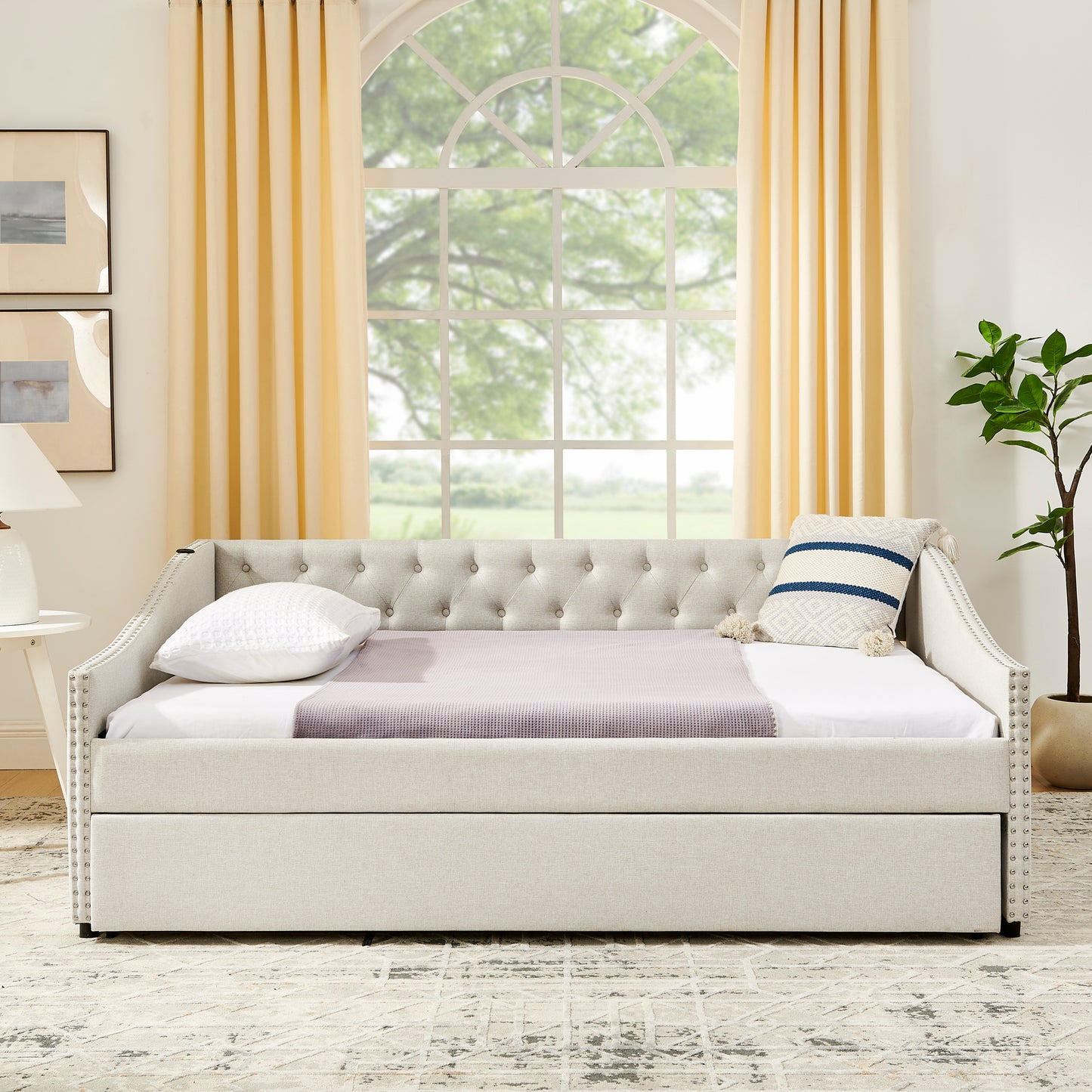 Full Size Daybed with USB Charging & Twin Size Pull-out Extendable Bed, with Button on Back and Copper Nail on Waved Shape Arms image 4