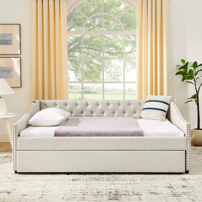 Full Size Daybed with USB Charging & Twin Size Pull-out Extendable Bed, with Button on Back and Copper Nail on Waved Shape Arms image 4