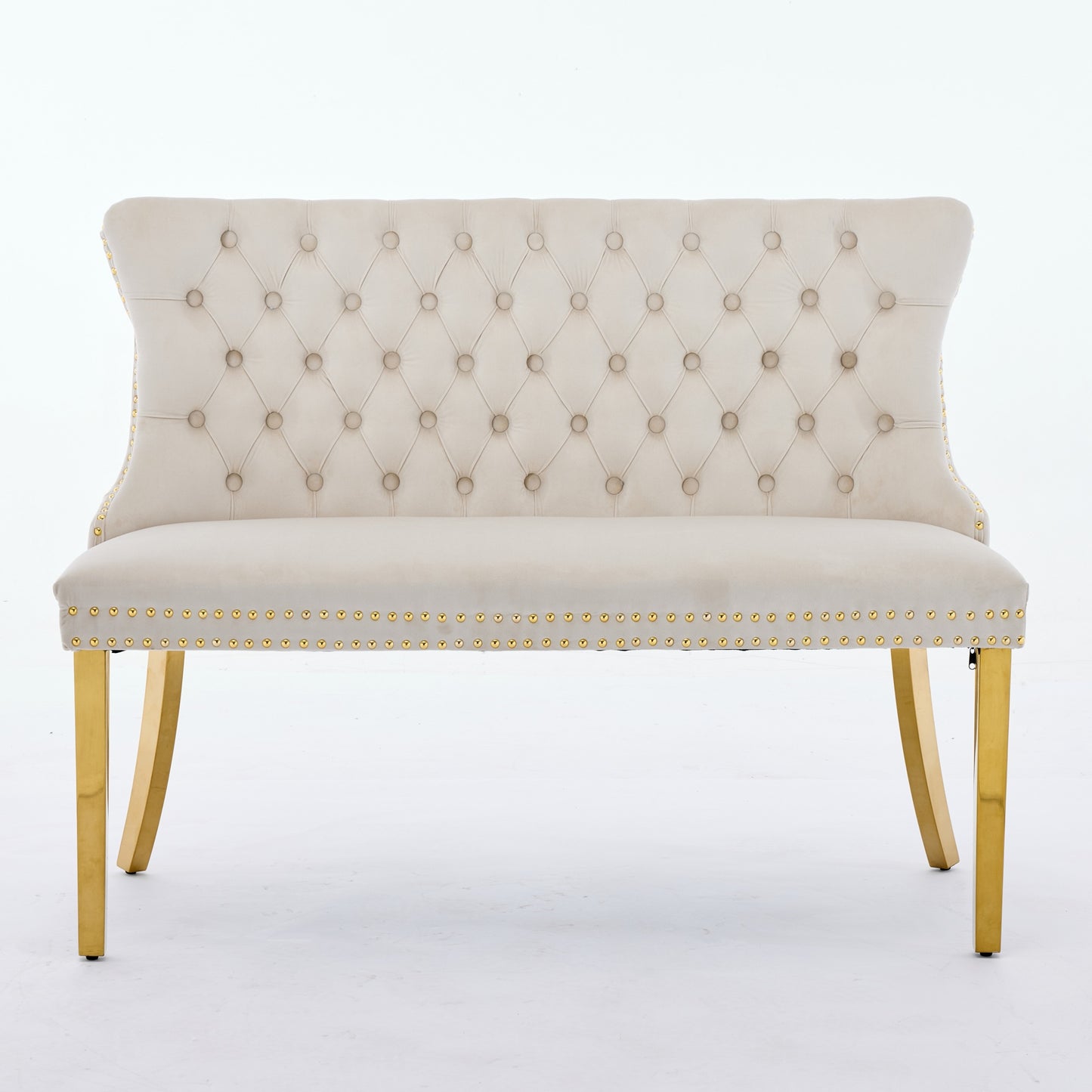 Velvet Double Dining Loveseat Bench, Kitchen & Dining Seating, 2-Seat Tufted Bench w/Handmade Buttons, Wing Back, Gold-Plated Steel Legs, Mid Century Modern,Single Pack,Beige,SW1602BG image 2