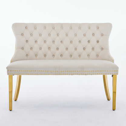 Velvet Double Dining Loveseat Bench, Kitchen & Dining Seating, 2-Seat Tufted Bench w/Handmade Buttons, Wing Back, Gold-Plated Steel Legs, Mid Century Modern,Single Pack,Beige,SW1602BG image 2