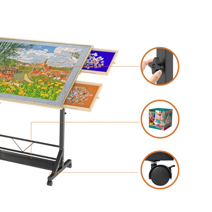 Wooden 1500 Piece Puzzle Table with Drawer, 35"*27.17" Adjustable Puzzle Table, 360° Tilting Puzzle Table with Legs and Wheels, Adjustable Height and Angle, with Protective Cover image 4