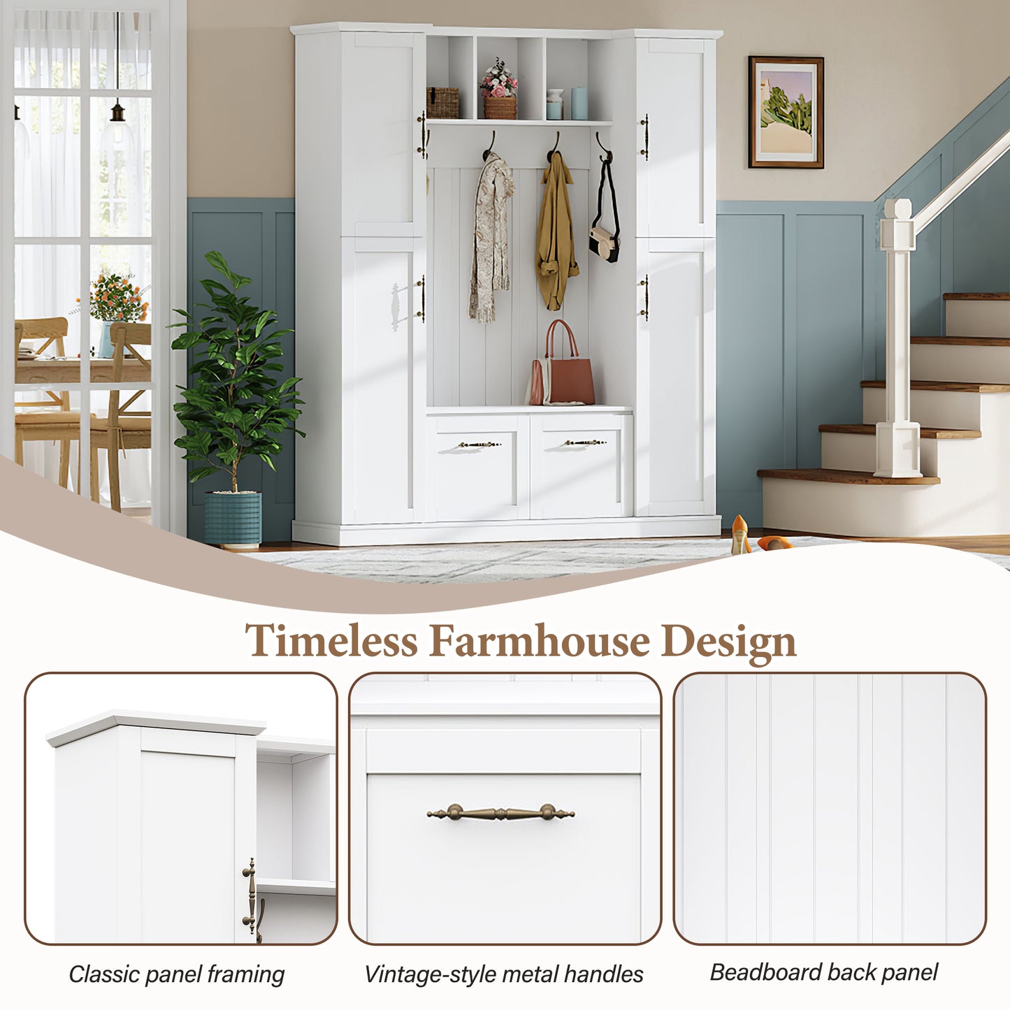 ON-TREND Farmhouse Elegant Hall Tree with 4 Side Cabinets, All-in-One Mudroom Furniture with Adjustable Shelves & Open Cubbies, Beadboard Entryway Bench with Coat Rack & 5 Hooks for Hallway, White image 3