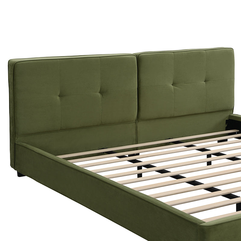 King Size Velvet Bed Frames, Upholstered Platform Bed with Curved Tufted Headboard, Soft Square Corners, Olive Green image 11