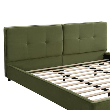 King Size Velvet Bed Frames, Upholstered Platform Bed with Curved Tufted Headboard, Soft Square Corners, Olive Green image 11