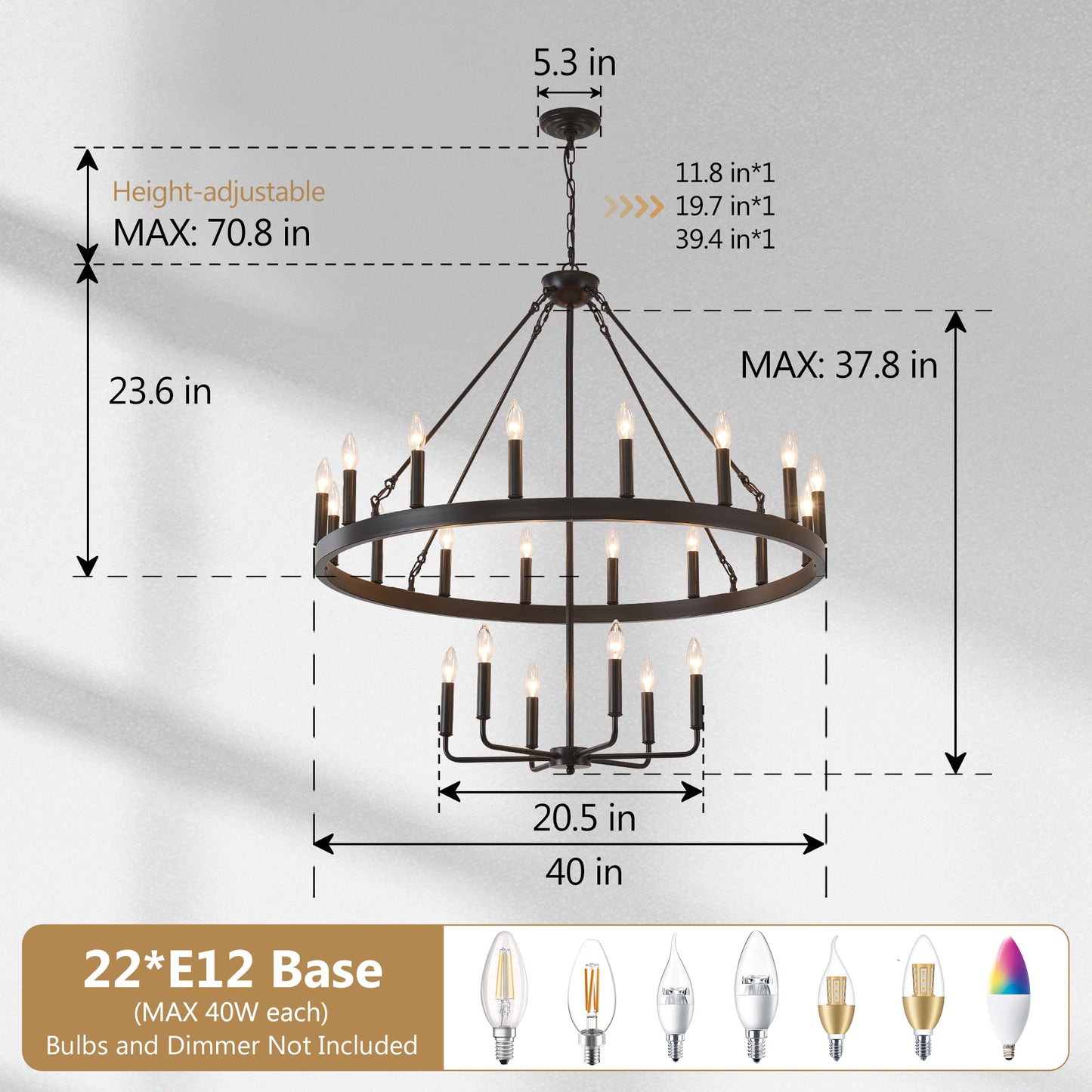 40'' 2 Tier Wagon Wheel Chandelier 16+6)22-Lights Farmhouse Industrial Country Style Round Pendant Light Fixture for Outdoor Porch high Ceilings Living Dining Room Foyer Entryway-BLACK image 5