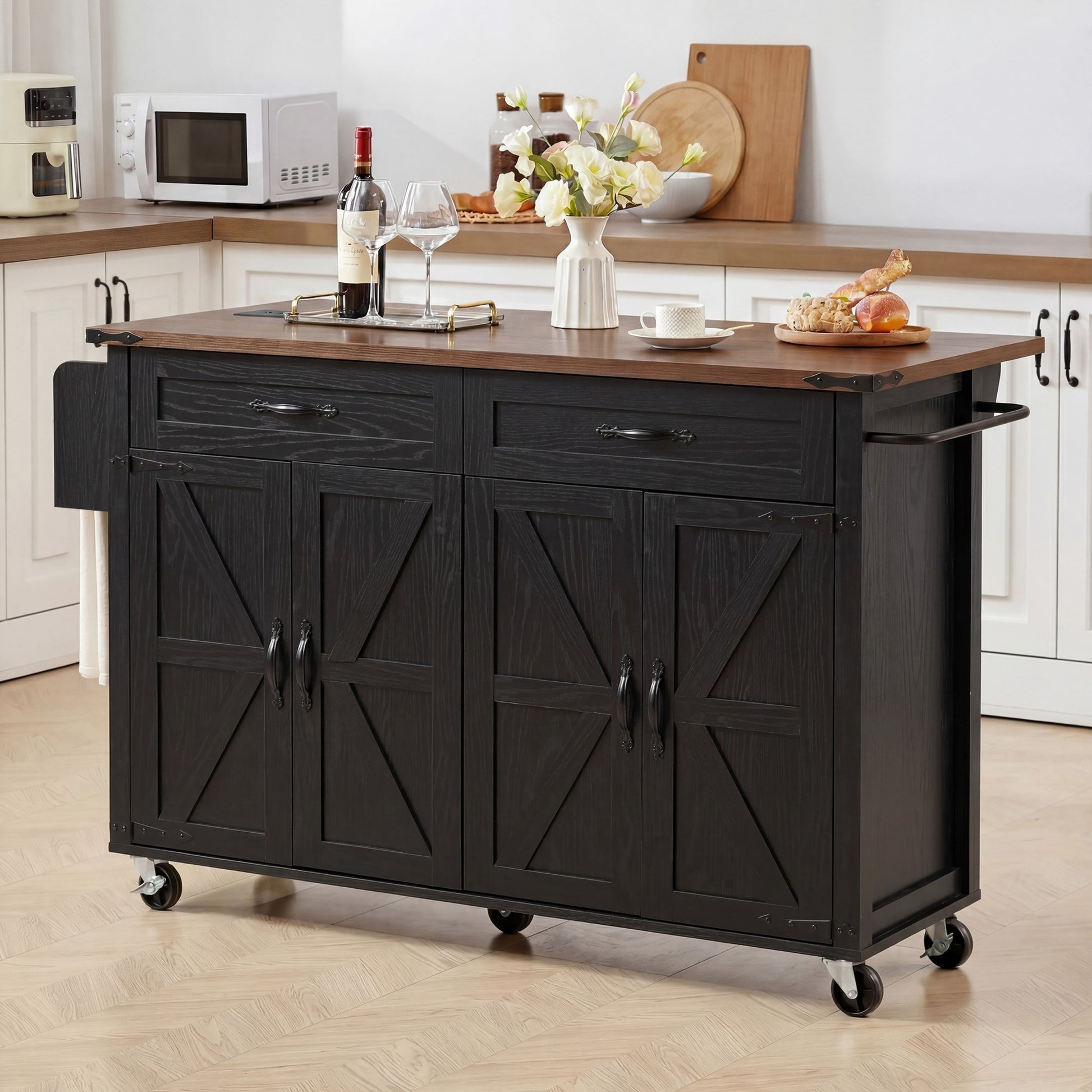 K&K 53.5''Farmhouse Kitchen Island with Power Outlet, Kitchen Storage Island with Drop Leaf, Spice Rack and Drawer, Rolling Kitchen Cart on Wheels, for Home, Kitchen and Dining Room, Black image 1
