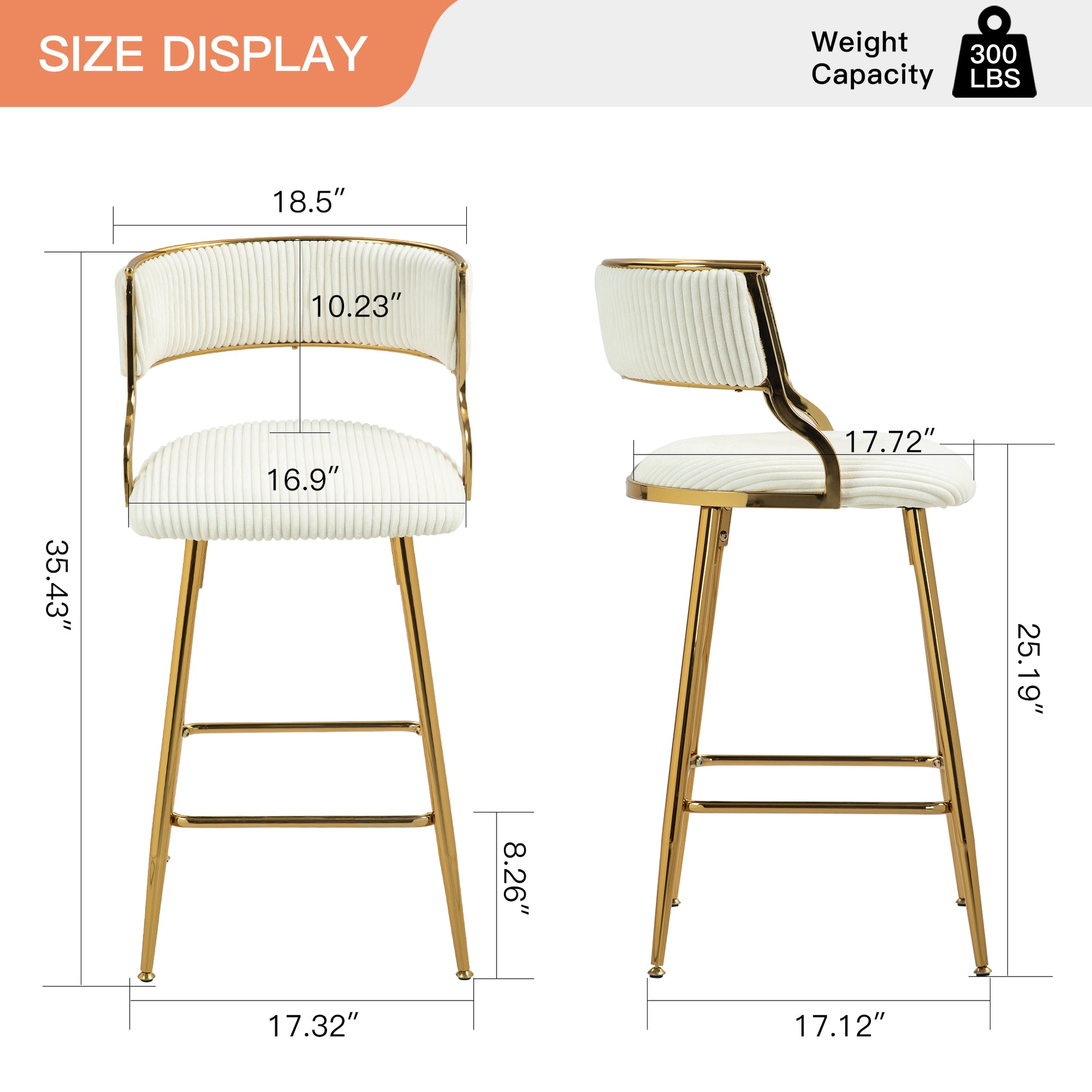 (SET of 2) 26'' Counter height bar stools Corduroy kitchen island counter bar stool with back,golden chromed base and footrest (BEIGE) image 6