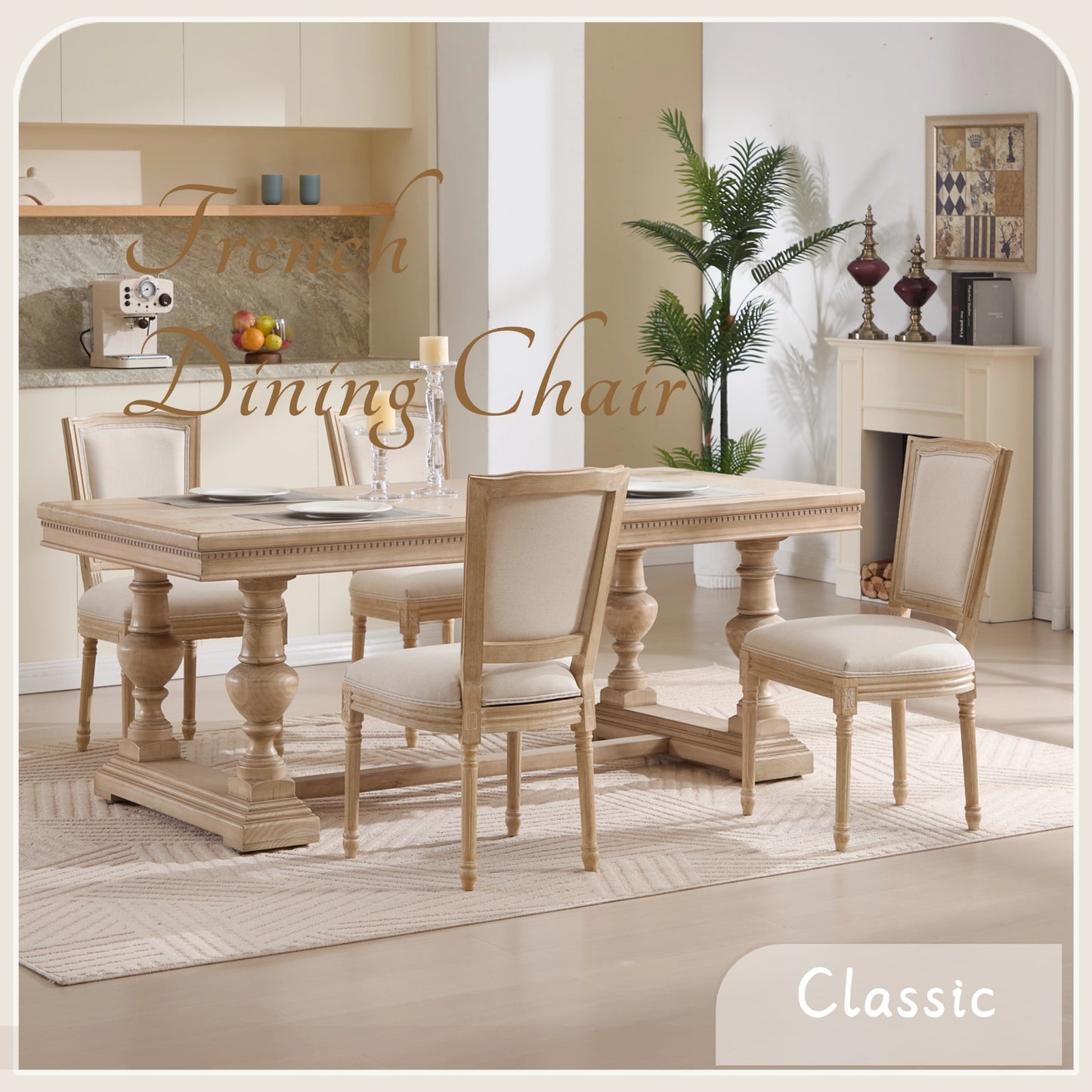 French Country Dining Chairs Set of 2, Upholstered Chairs with T-shaped Back, Wire drawing and carving techniques,Disassemblable, for Living Room, Kitchen, Restaurant Use, Beige image 10