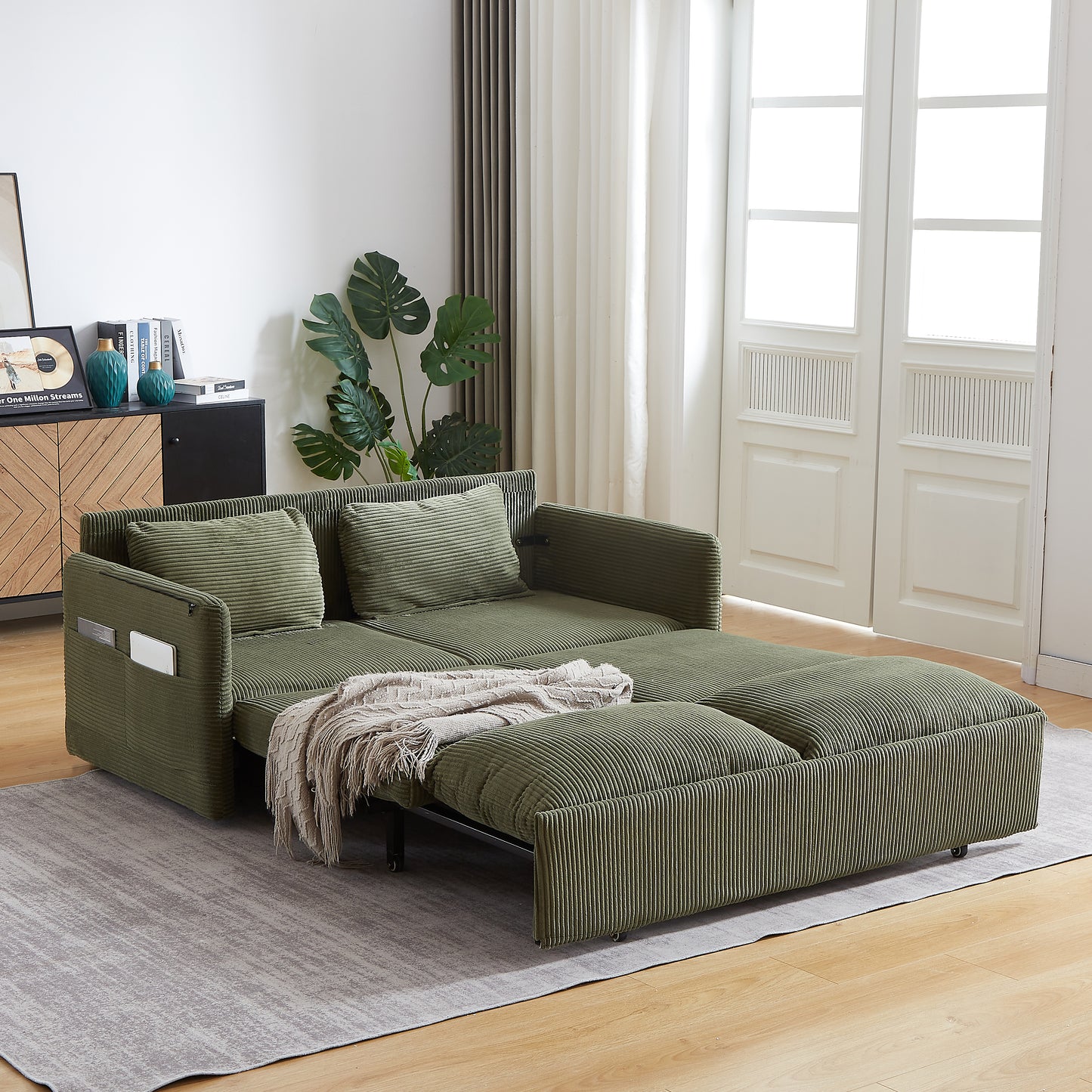 MH'' 64.5 Inch Sleeper Sofa Bed 3-in-1 Adjustable Sleeper with Pullout Bed 2 Pillows and Side Pockets Soft Corduroy Convertible Sleeper Sofa Bed for Living Room Bedroom Apartment Office image 1