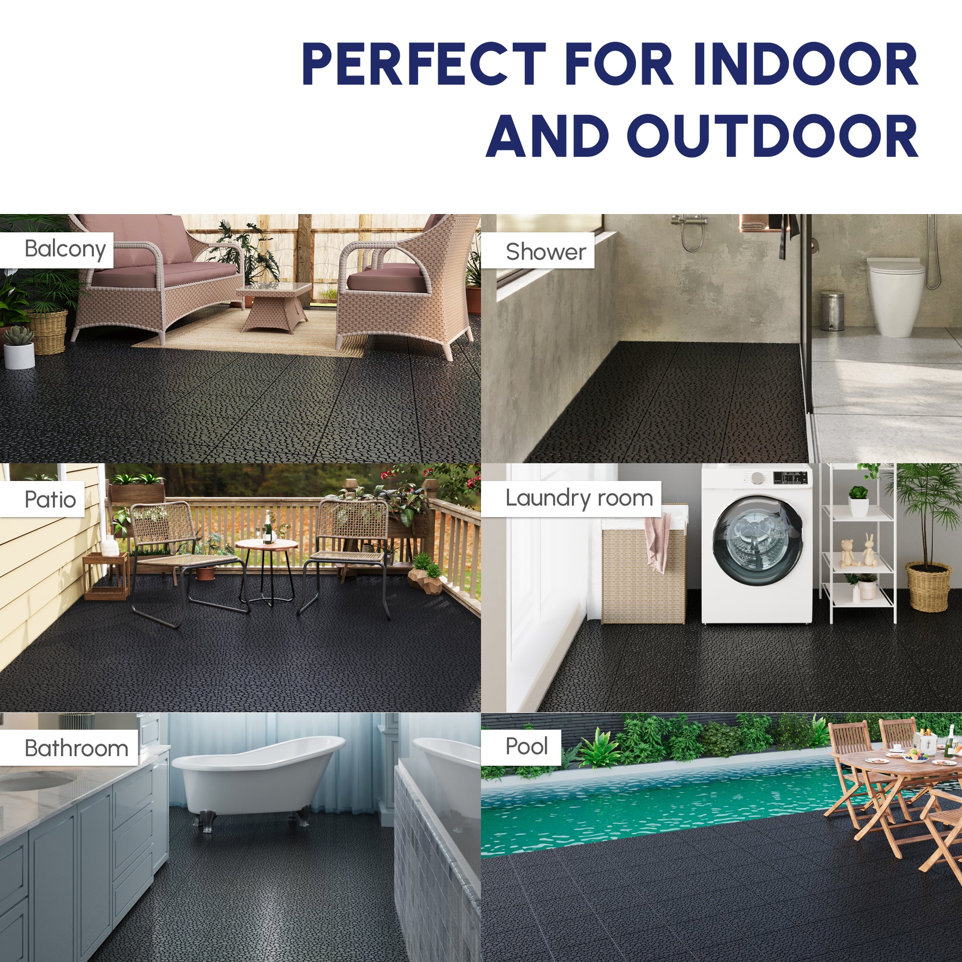 12 x 12 Inch Black Interlocking Deck Tiles Plastic Waterproof Outdoor All Weather Anti-slip Bathroom Shower Balcony Porch Strong Weight Capacity Upto 440 LBS, Pebble Stone Pattern Pack of 60 image 10