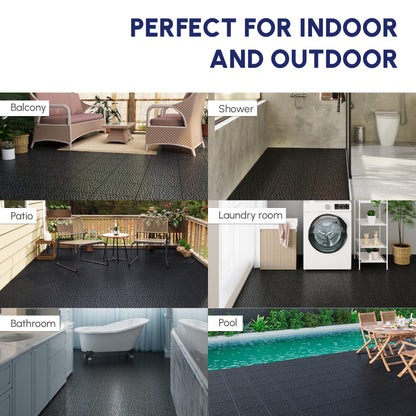 12 x 12 Inch Black Interlocking Deck Tiles Plastic Waterproof Outdoor All Weather Anti-slip Bathroom Shower Balcony Porch Strong Weight Capacity Upto 440 LBS, Pebble Stone Pattern Pack of 60 image 10