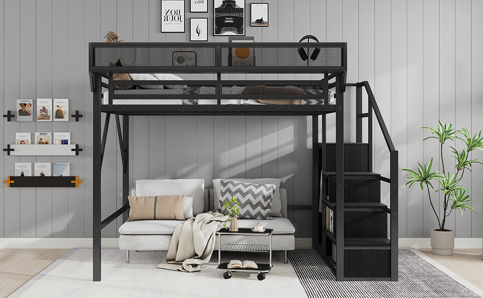 Queen Size Loft Bed with Stairs, Metal Queen Loft Bed with Storage Shelves, High Loft Bed with Wardrobe for Kids Teens Adults, Black(Old skuW2580S00038) image 9