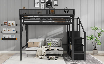 Queen Size Loft Bed with Stairs, Metal Queen Loft Bed with Storage Shelves, High Loft Bed with Wardrobe for Kids Teens Adults, Black image 9