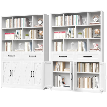71" H Metal Bookcase with 2 Doors & 2 Drawers, Tall Storage Cabinet with Fixed Open Shelves for Home Office, Living Room, Modern Bookshelf, White image 10