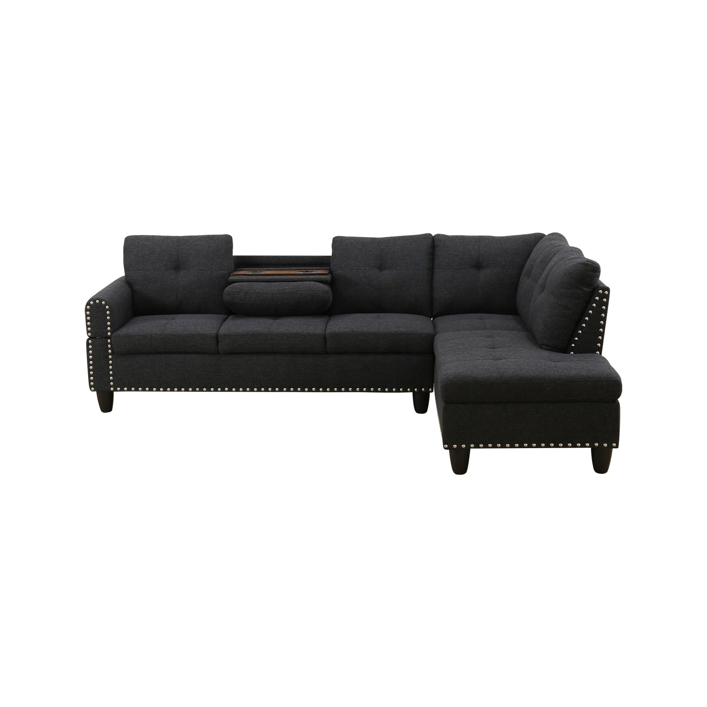 L shape Sectional Sofa Chair with cup holder - Black-Right image 7