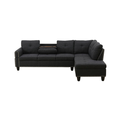 L shape Sectional Sofa Chair with cup holder - Black-Right image 7