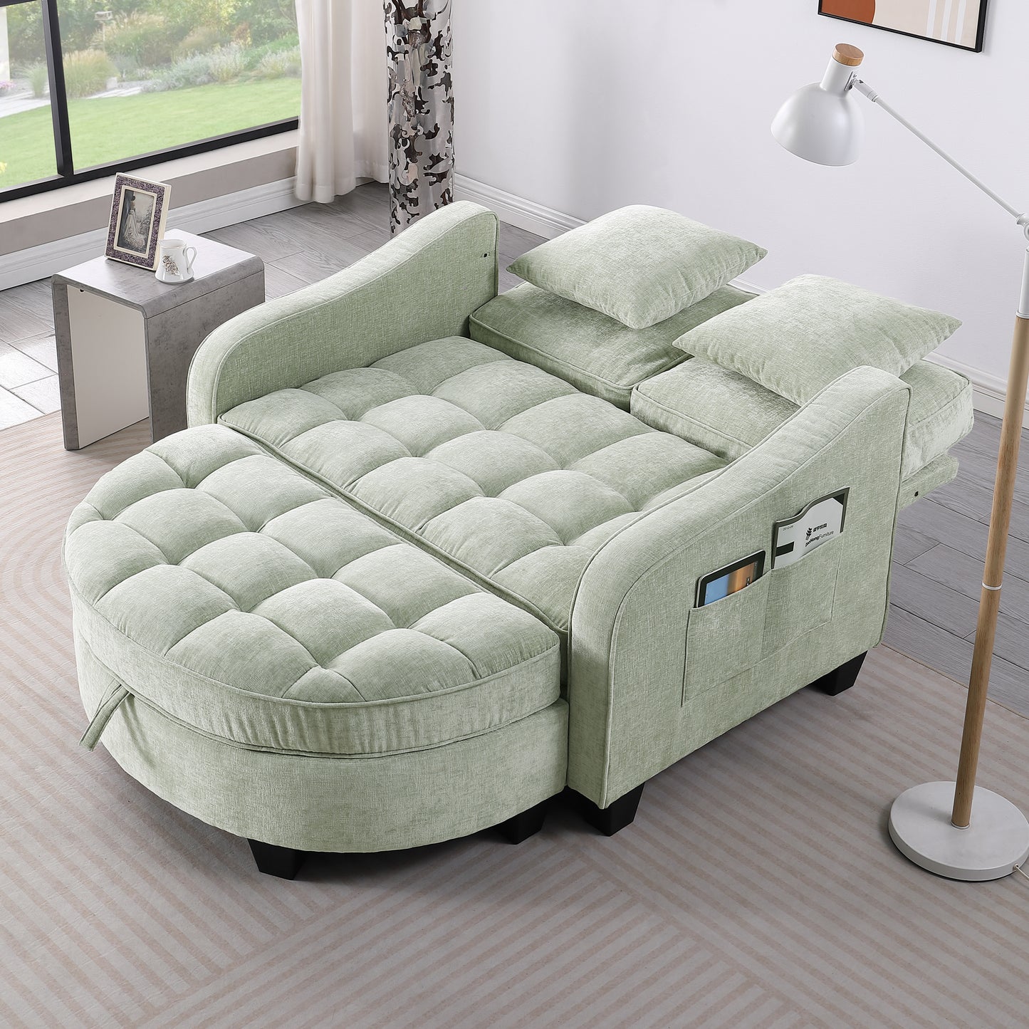 Two-seater sofa, double sofa chaise longue, with irregular armrests and backrests, footrest with storage space, comes with two small throw pillows, suitable for living room and bedroom - Cyan image 2