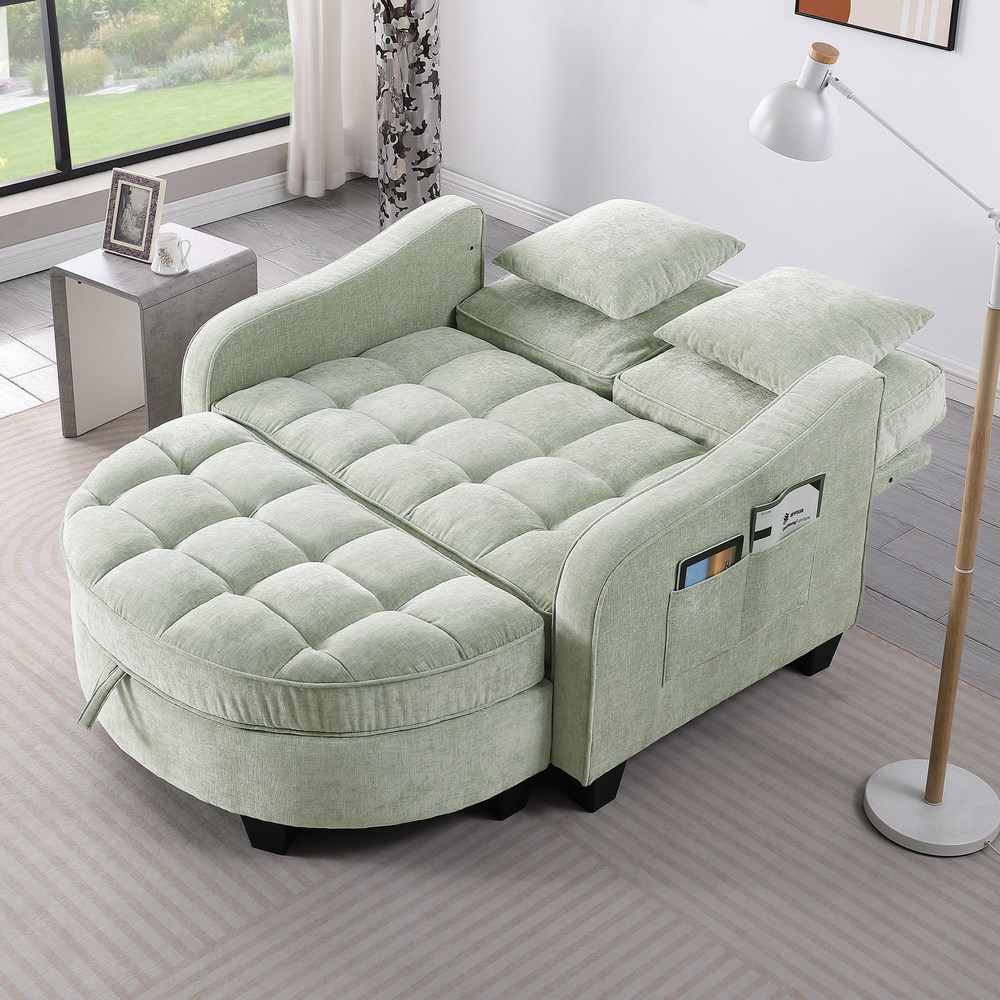 Two-seater sofa, double sofa chaise longue, with irregular armrests and backrests, footrest with storage space, comes with two small throw pillows, suitable for living room and bedroom - Cyan image 2