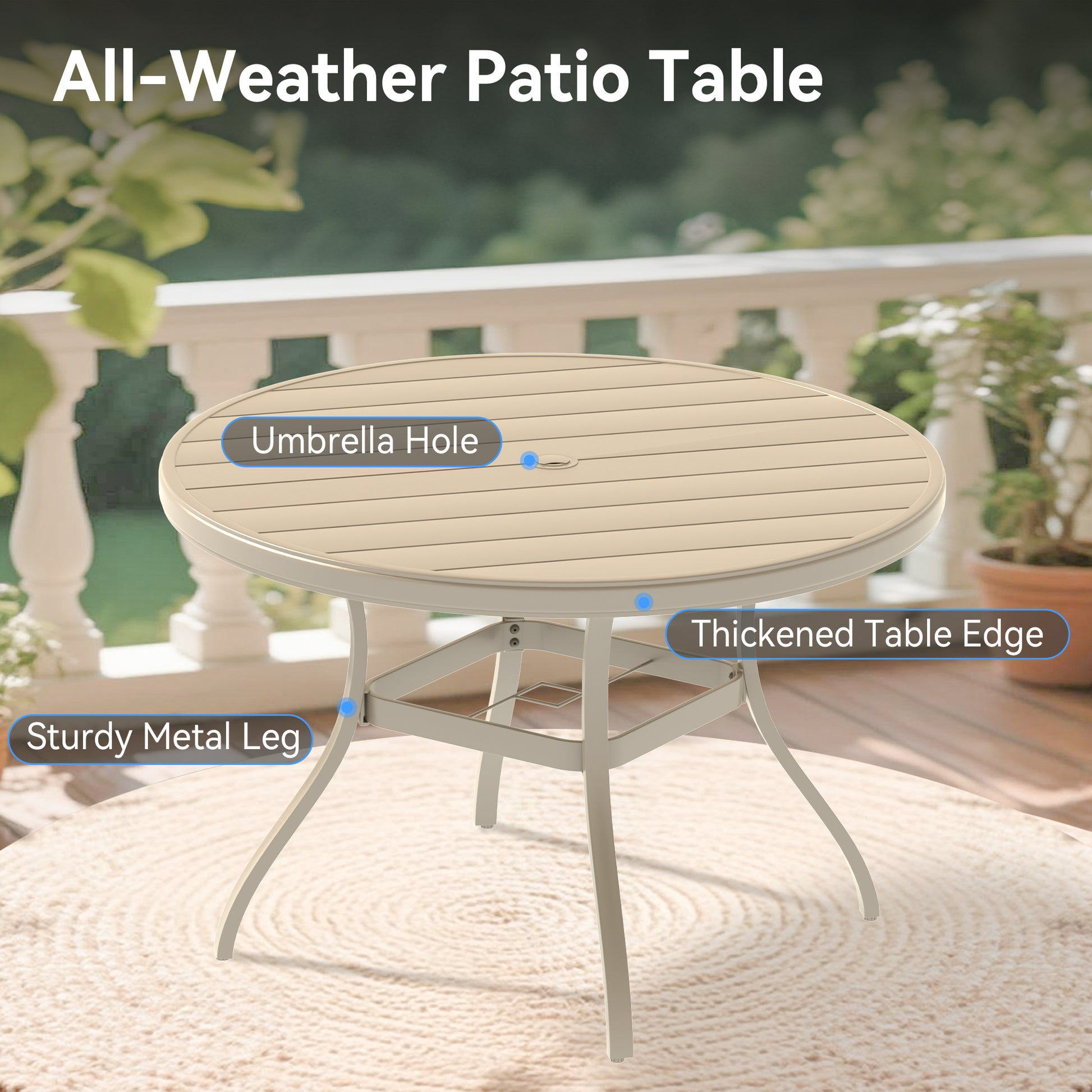 Outdoor Round Patio Dining Table for 6-7, All Weather Metal Dining Table with Umbrella Hole for Deck Lawn Garden Backyard, Sandstone Color image 3