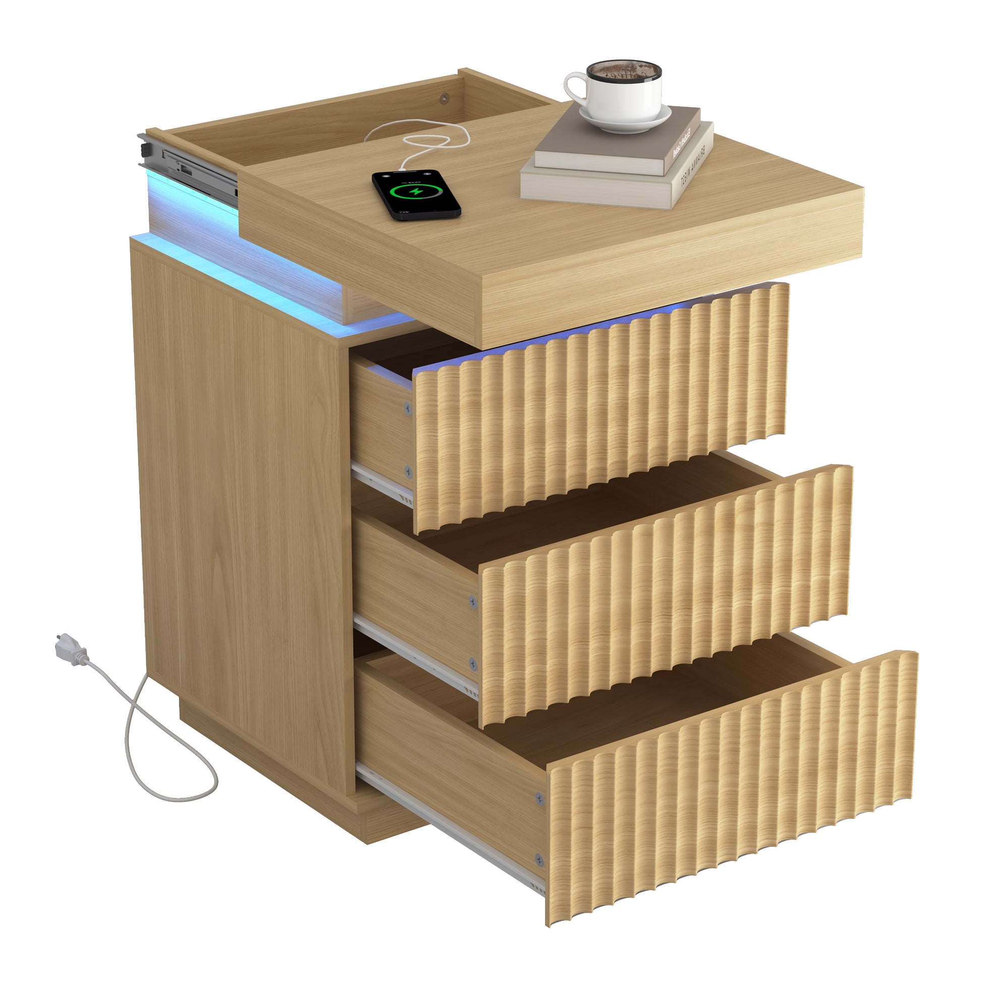 (Set of 2) Natural Nightstand Set of 2 with Charging Station & LED Lights, Fluted Wave Panel Bedside Table with Sliding Top Hidden Storage, Night Stand for Bedroom Living Room image 12