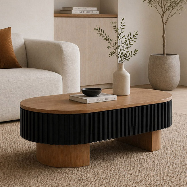 43.7" Oval Coffee Table With Hidden Storage,Fluted Modern Minimalist Wood Coffee Table for Living Room, Oval Center Table, Walnut + Black. image 1
