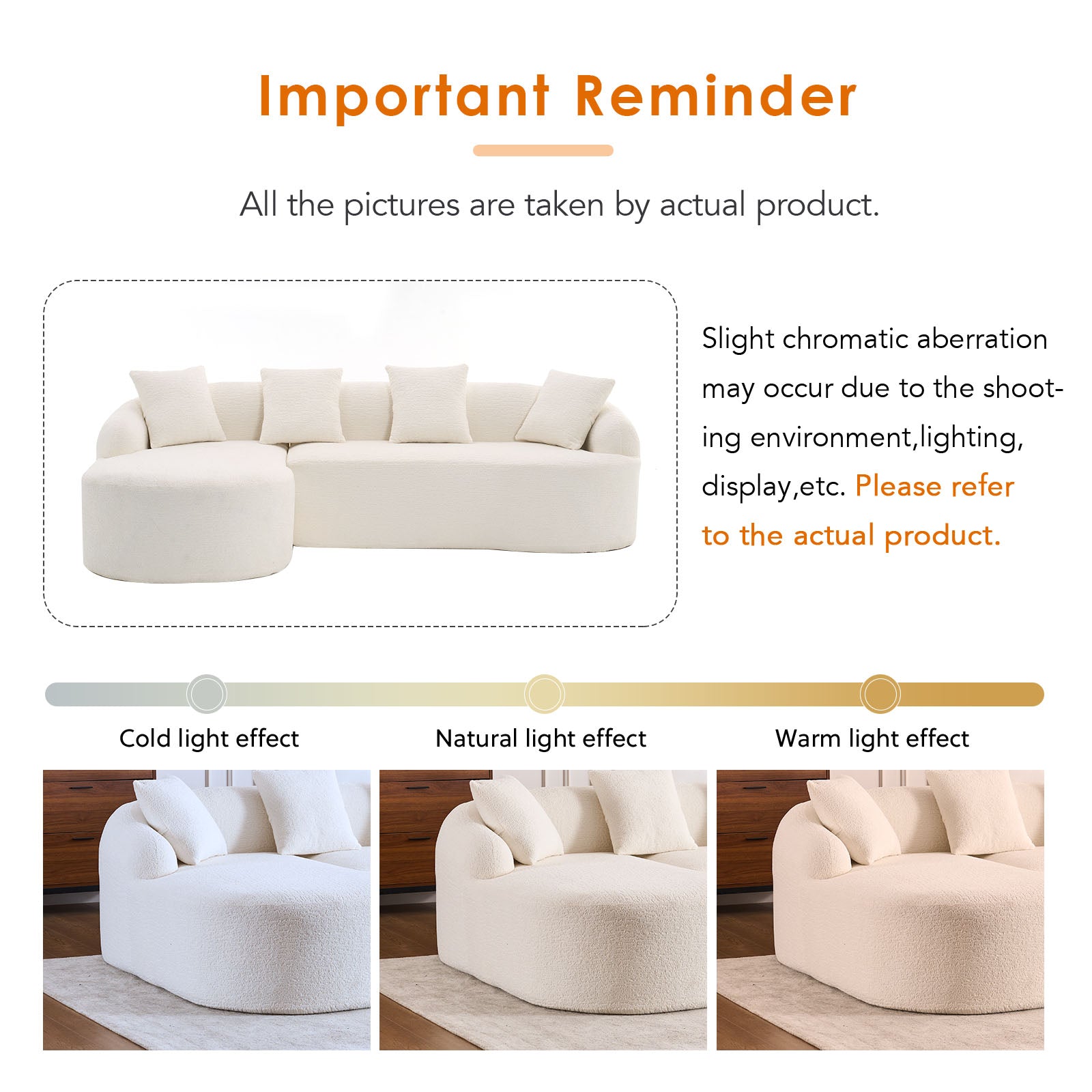 Boneless L-Shape Sectional Sofa with Curved Chaise,White Modular Chenille Compression Couch,30D High-Density Foam,Minimalist Modular Couches Sleeper for Living Room Bedroom Apartment Lounge. image 7