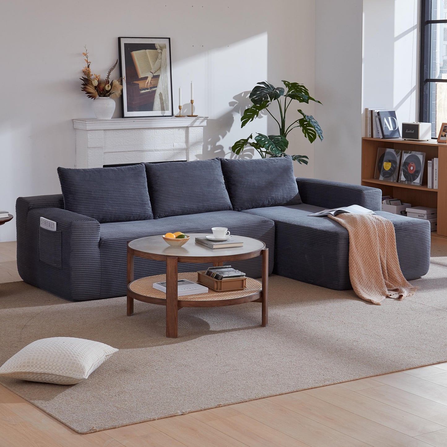 New 96.9"Compressible doubleCloud Sectional Couch with L-Shape Chaise,Modern Modular Sofa with Deep Seat,Upholstered Couches for Living Room Bedroom,No Assembly Required, Corduroy Fabric,Grey Right image 1