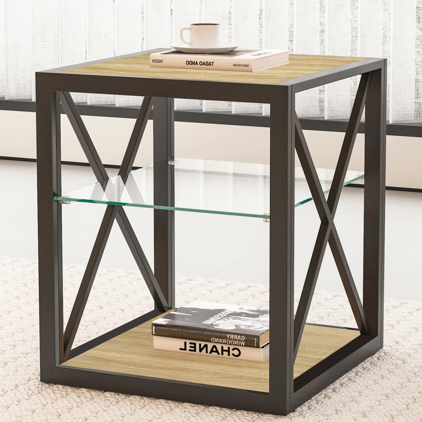 1 piece Modern End Table Nightstand for Bedroom & Living Room, Tempered Glass&Natural Wood MDF Top, Industrial Style Side Table image 2