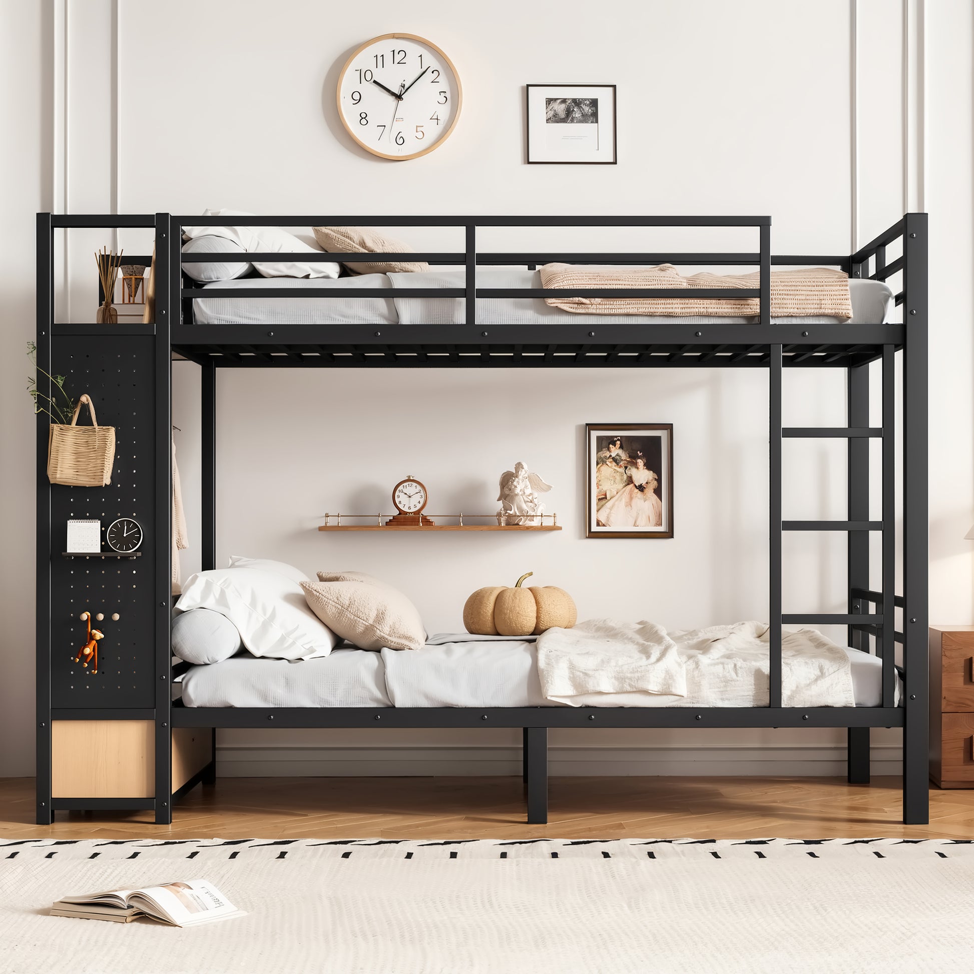 Twin XL over Twin XL size Metal Bunk Bed for Teens with Storage Shelves,Drawers and Pegboard,Black image 3