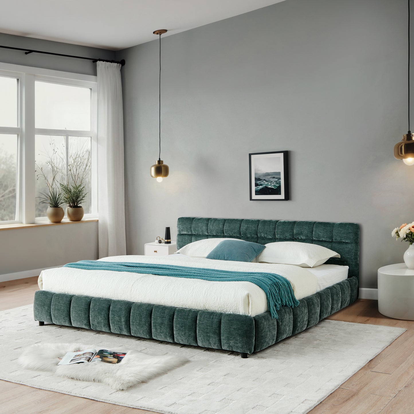 California King size Upholstered Bed,comfortable upholstered bed frame, Chenille fabric, with headboard and solid bed frame. With drawer for storage.-Blue Green(90.5''*80.5''*31'') image 4