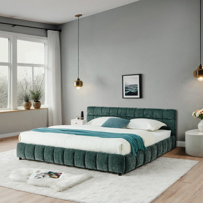 California King size Upholstered Bed,comfortable upholstered bed frame, Chenille fabric, with headboard and solid bed frame. With drawer for storage.-Blue Green(90.5''*80.5''*31'') image 4