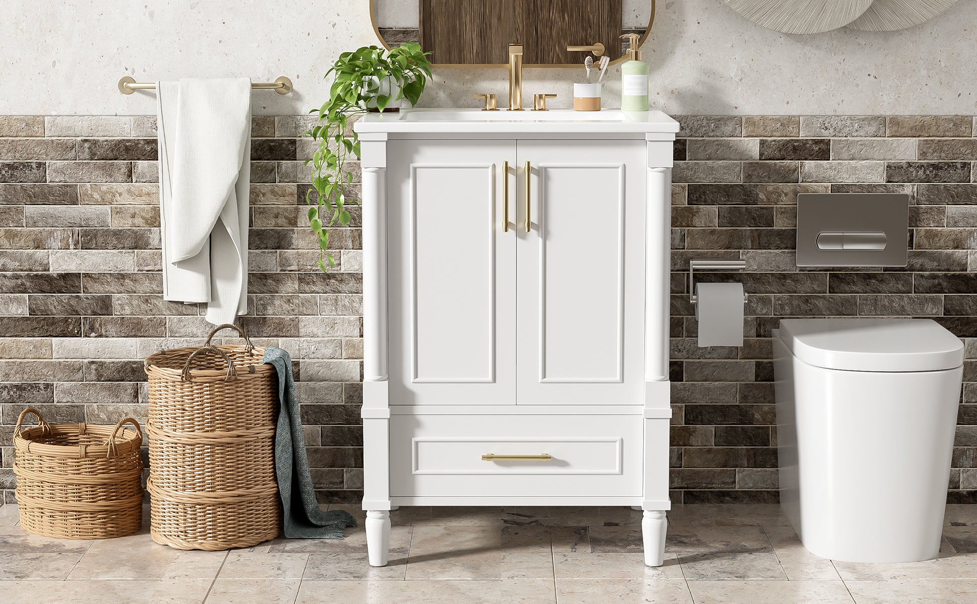 24" Modern Bathroom Vanity with Ornate Motif Design & Soft-Close Hinges, Bathroom Cabinet with Drawer and Back Open Structure, Ornately Carved French Cylinder Legs image 12