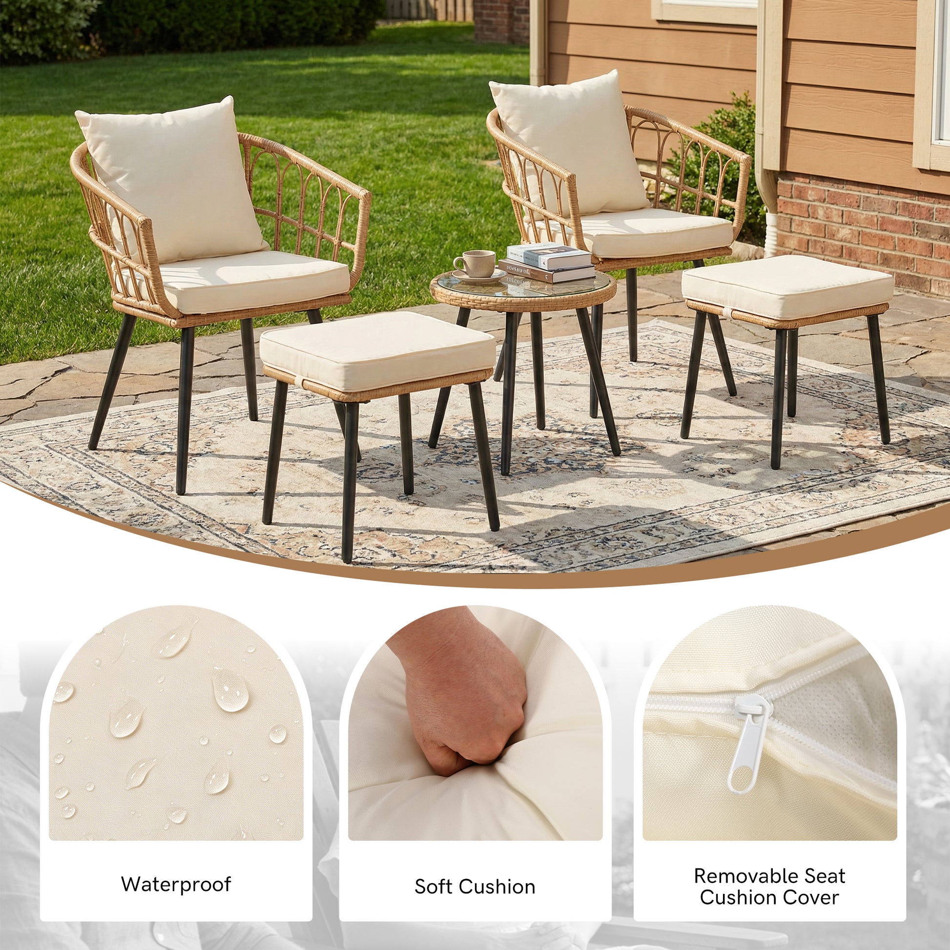 5 Piece Patio Furniture Set, Outdoor Wicker Small Conversation Bistro Set, All-Weather PE Rattan Chairs with Ottoman & Coffee Table, Ideal for Balcony Porch Deck Yard Poolside image 9