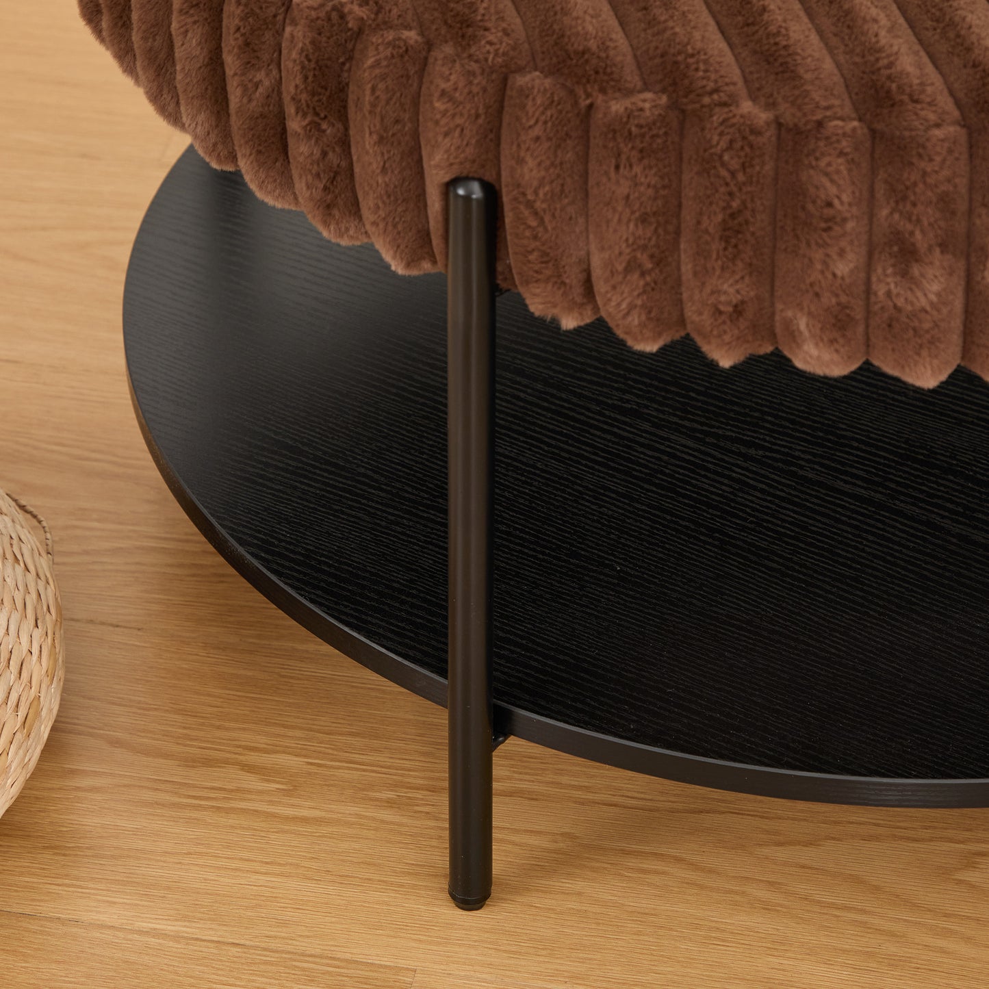 30.9"Wide Upholstered Round Ottoman Coffee Table Foot Rest with Black Metal Legs, Footstool with Wooden Open Storage Shelf,Faux Fur Footstool for Living Room Bedroom Entryway Hotel. Brown image 9
