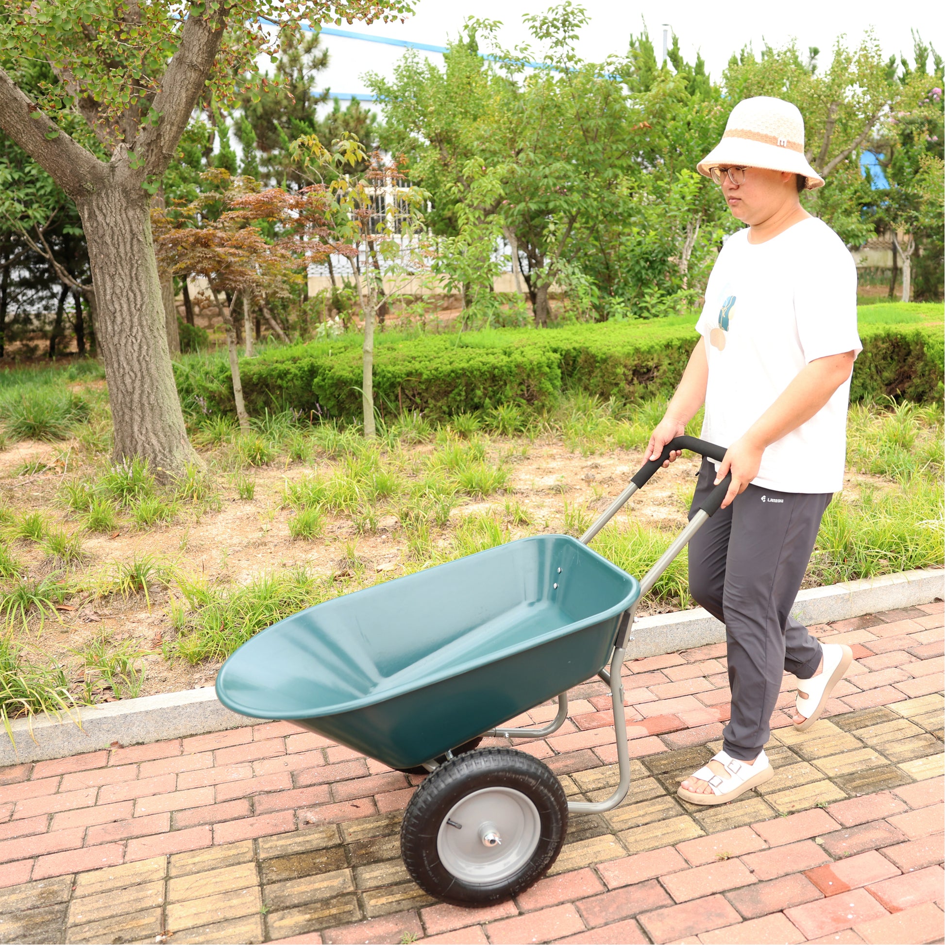 wheel barrow Two wheeled trolley for green garden 15 inch pneumatic wheel WB1001GN image 4