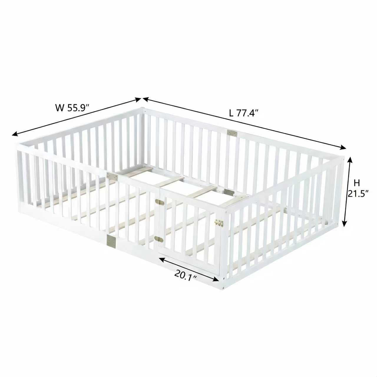 Full Size Floor Bed with High Fence Railings, with Door,6 Slats Included, Rubber Wood Floor Bed with Safety Guardrails,White image 8