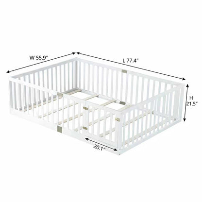 Full Size Floor Bed with High Fence Railings, with Door,6 Slats Included, Rubber Wood Floor Bed with Safety Guardrails,White image 8