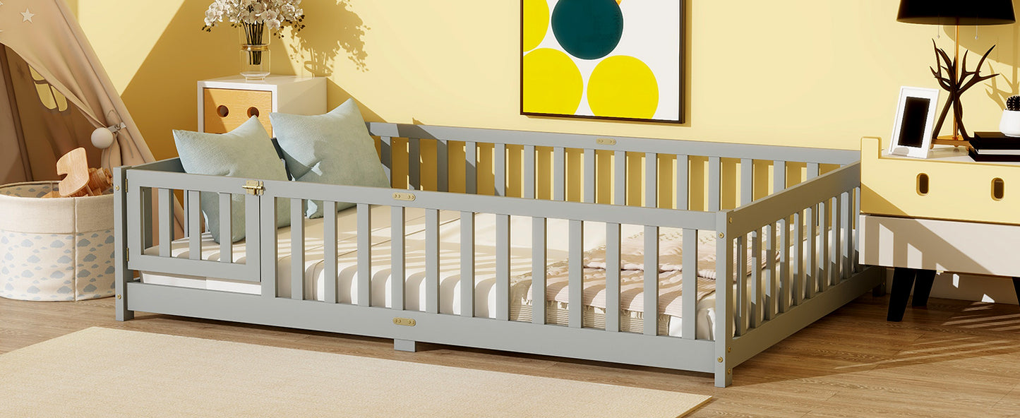 Full Size Floor Bed with Fence and Door,Rubber Wood Floor Bed with Safety Guardrails,Grey image 11