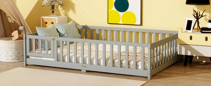 Full Size Floor Bed with Fence and Door,Rubber Wood Floor Bed with Safety Guardrails,Grey image 11