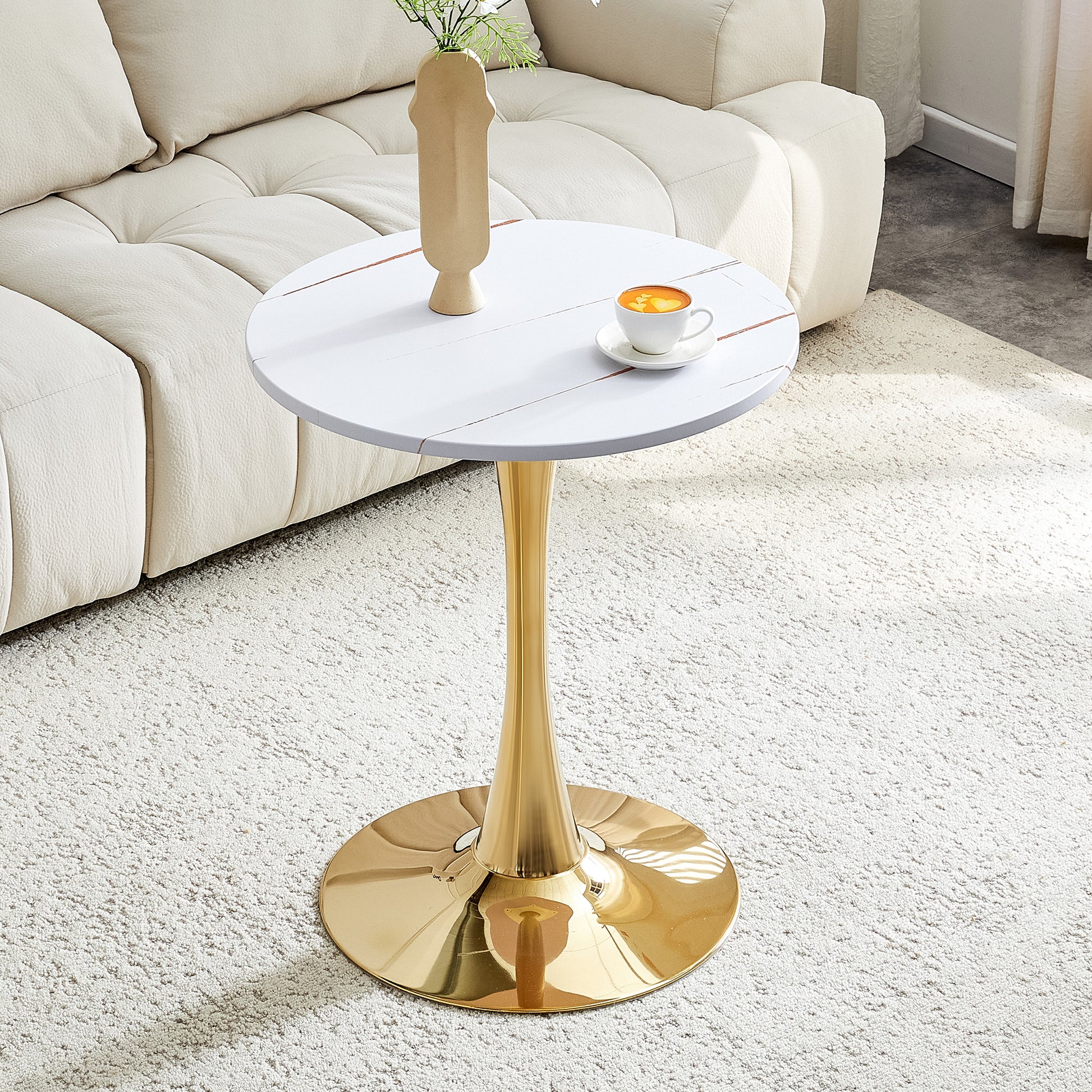 Round Dining Table, 23.6" Circle Tulip Table with Thickened Tabletop & Metal Pedestal, Mid Century Modern Bistro Table for Kitchen, Small Places, Living Room, Cafe (White) image 1