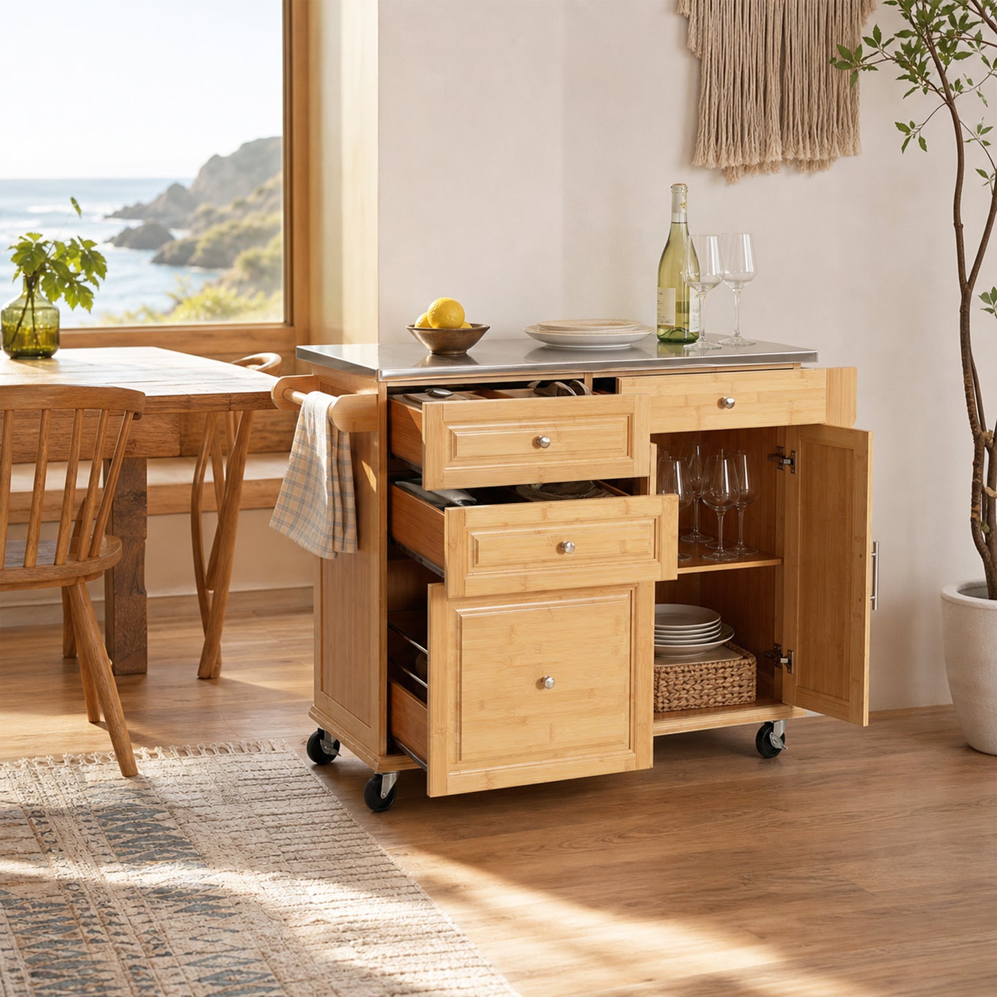 Indoor Bamboo Rolling Kitchen Island with Stainless Steel Top – Mobile Cart with Drawers, Cabinet & Towel Rack for Dining & Bar image 3